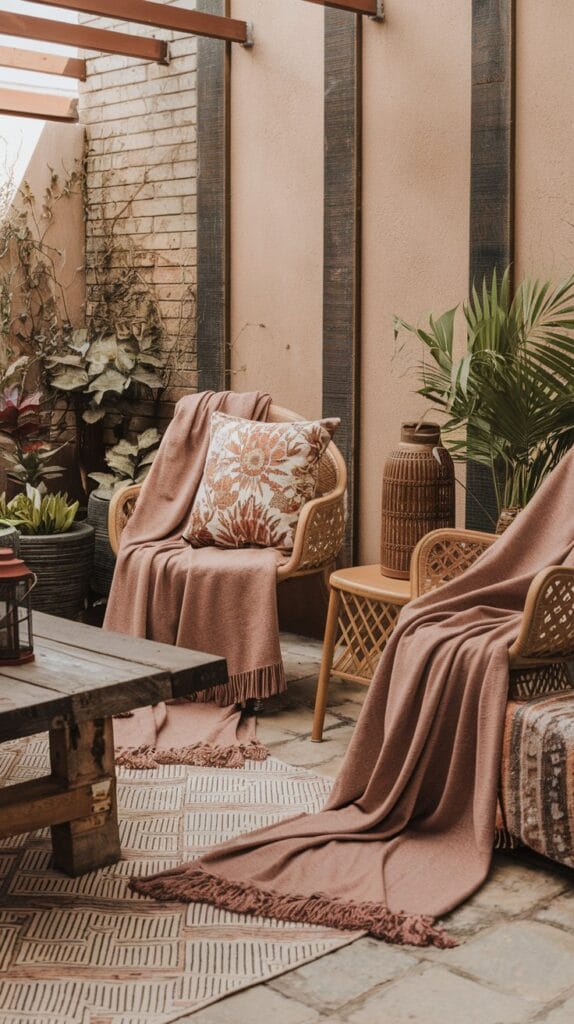 Throw blankets adding comfort and style to outdoor seating.