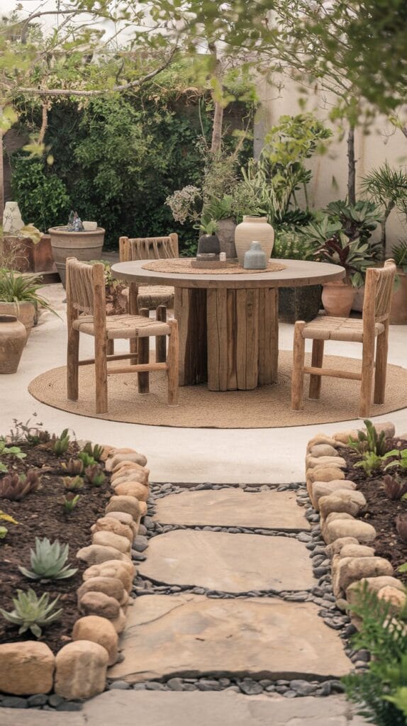 Natural stone accents enhancing the earthy feel of a boho patio.