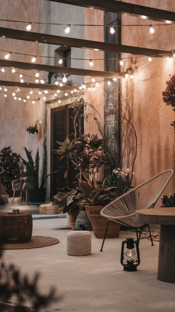 String lights creating a warm, inviting glow on a bohemian patio.