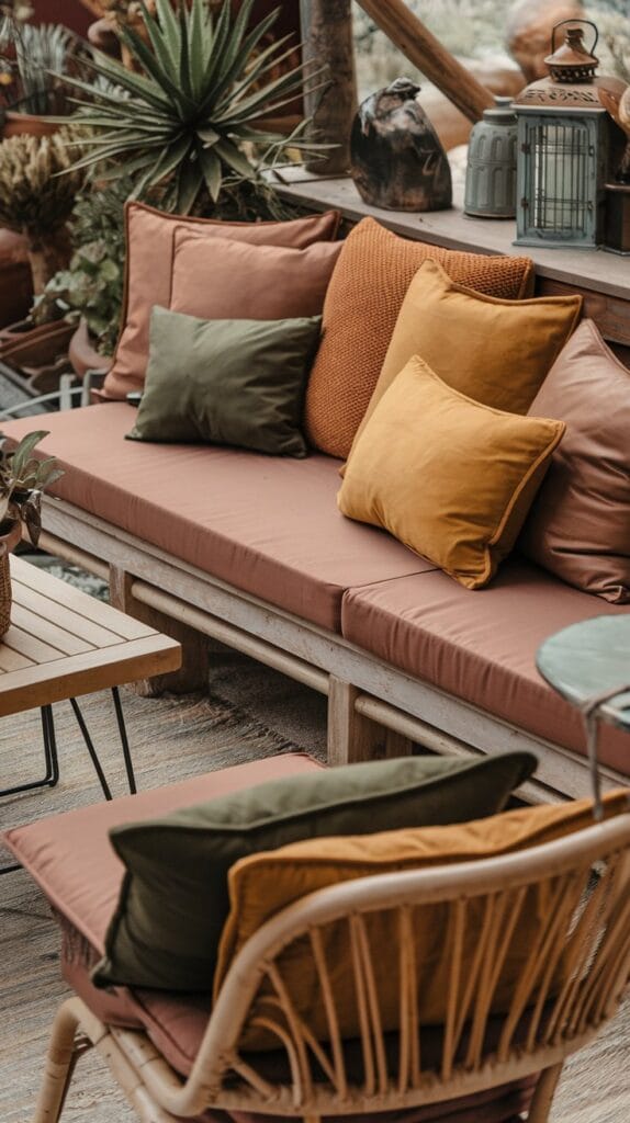 Earth-tone cushions creating a warm, natural vibe on a boho patio.
