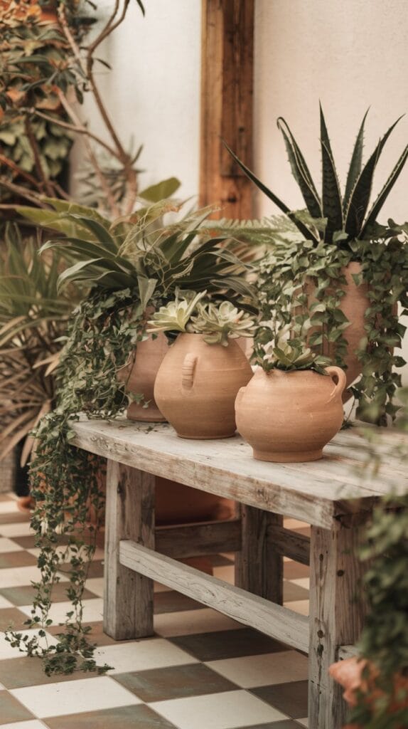Earthy ceramic planters adding elegance to a boho patio.