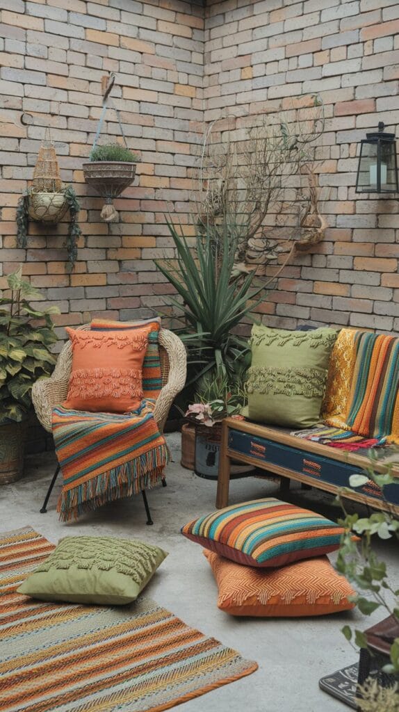 Layered textiles adding comfort and style to a bohemian patio.