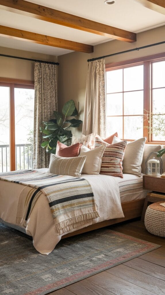 Bedroom with a mix of pillows in various sizes and textures.