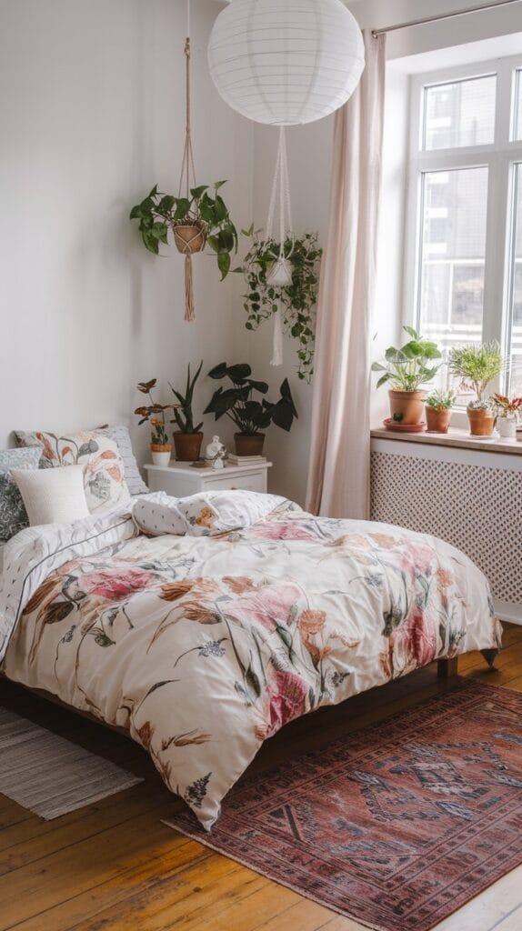 Bedroom with floral and botanical accents, including plants and pillows.
