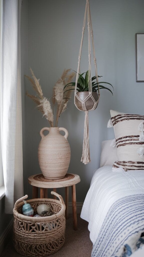 Bedroom with handmade ceramics and unique trinkets for a boho touch.