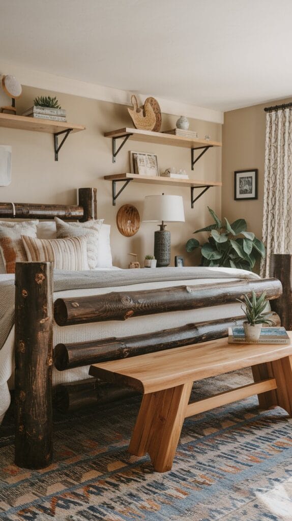 Boho bedroom with rustic wooden furniture and accents.