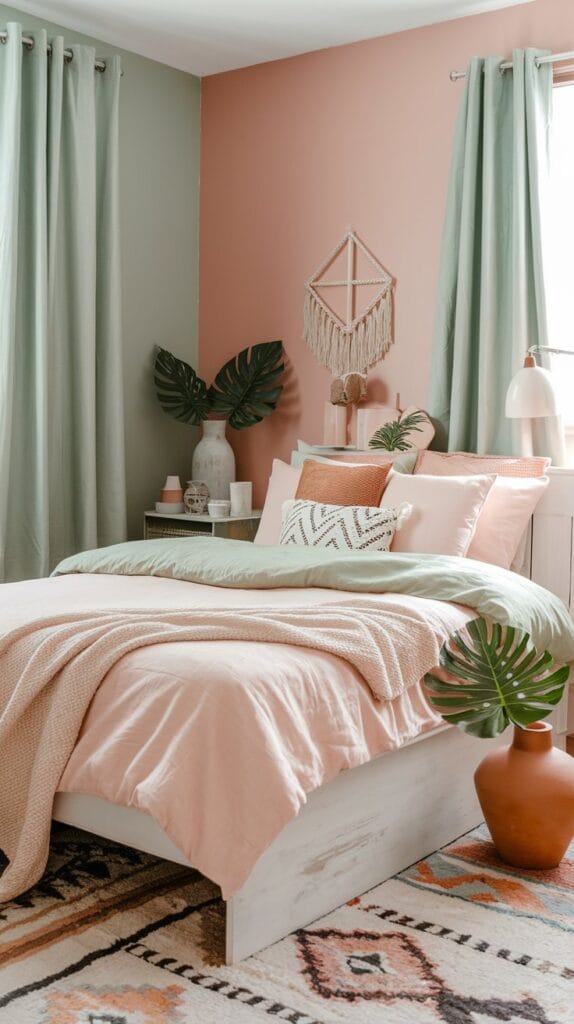 Boho bedroom with pastel and earthy tones in the decor.
