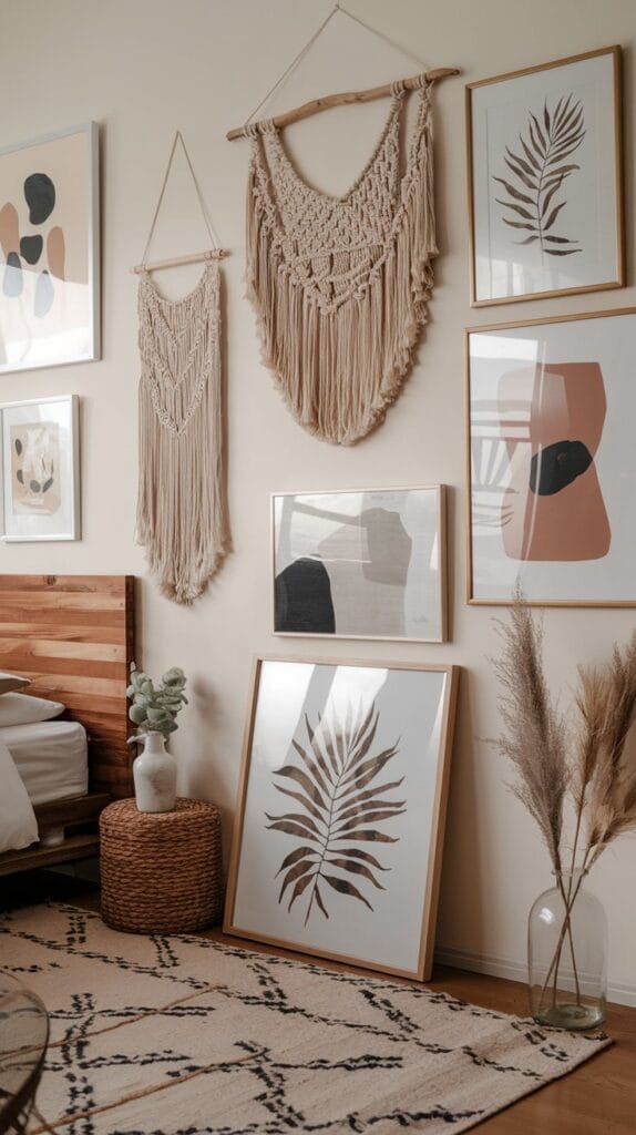 Bedroom with boho-style wall art like macrame and botanical prints.