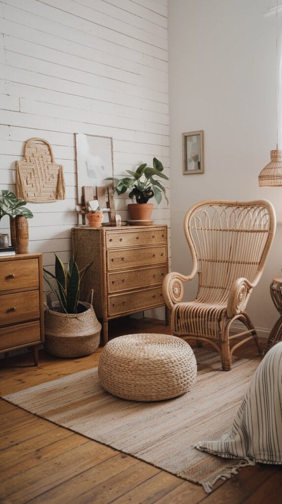 Boho bedroom with vintage and rattan furniture pieces.