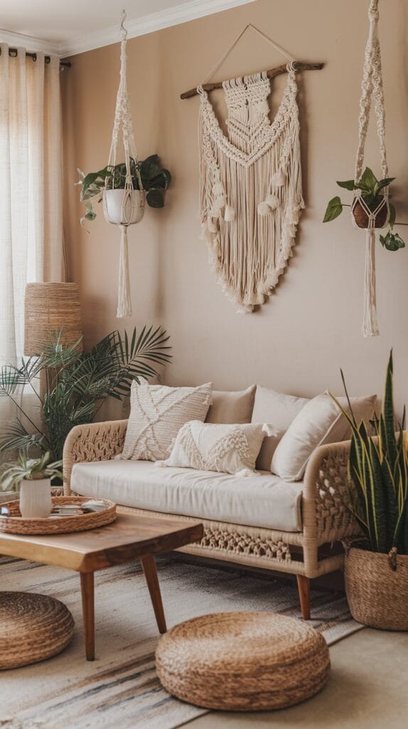 Macramé wall hangings and plant hangers in a boho living room.