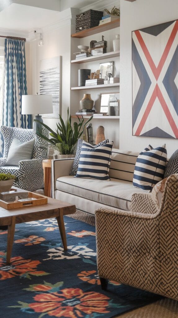 Boho living room with mixed patterns in pillows, rugs, and cushions.