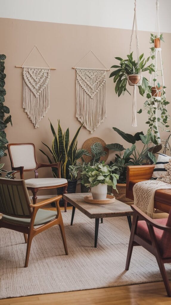 Boho living room with lush greenery and hanging plants.