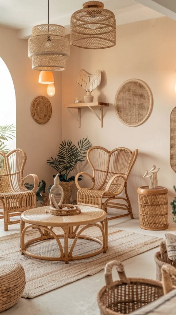 Rattan and wicker elements in a boho living room.