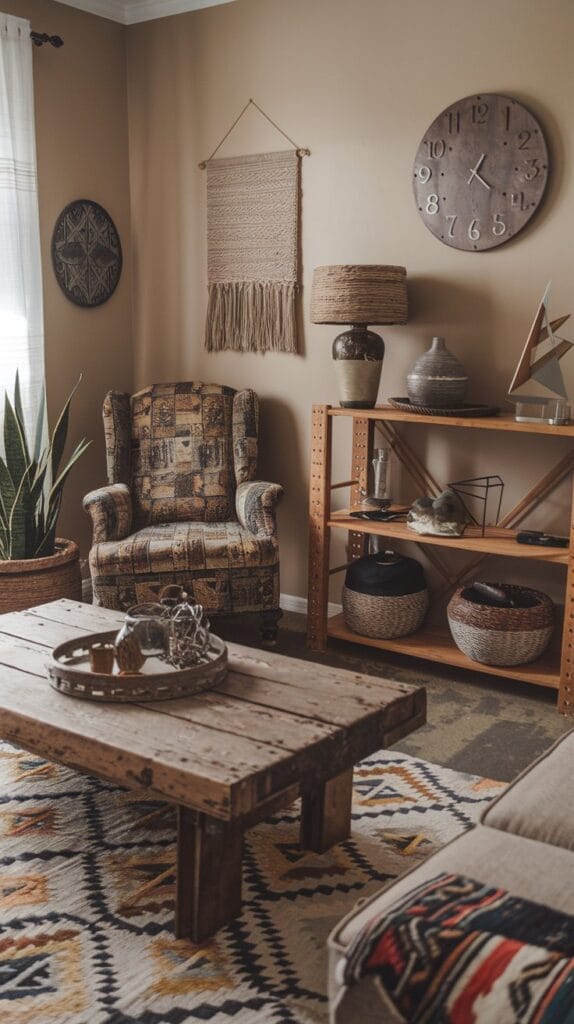 Vintage and handmade decor pieces in a boho living room.