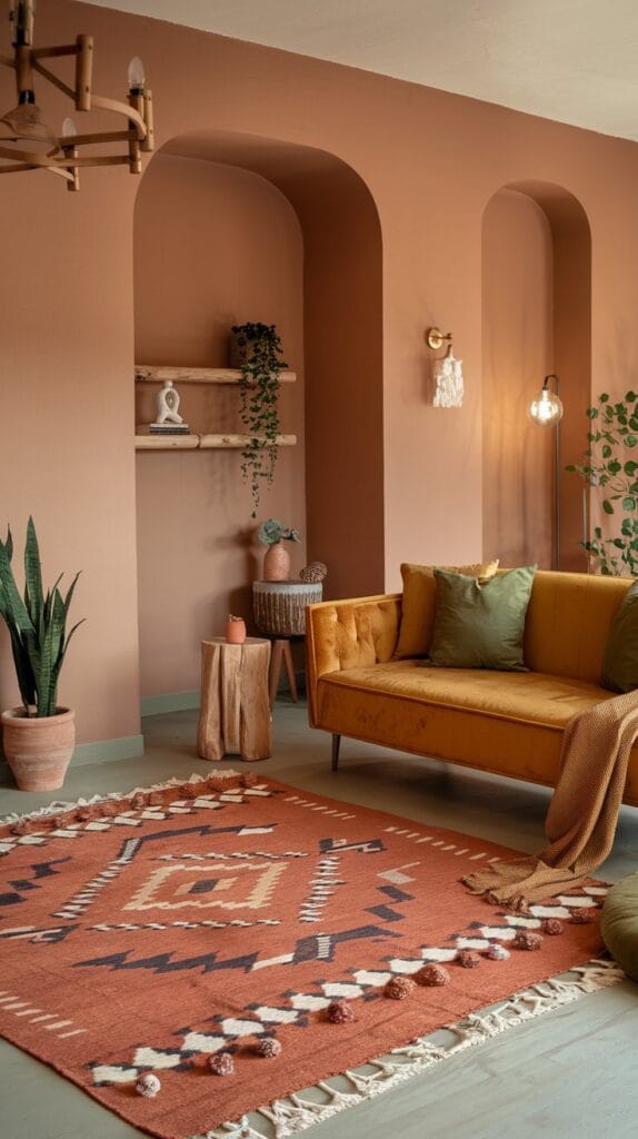 Boho living room with earthy colors like terracotta, mustard, and olive green.