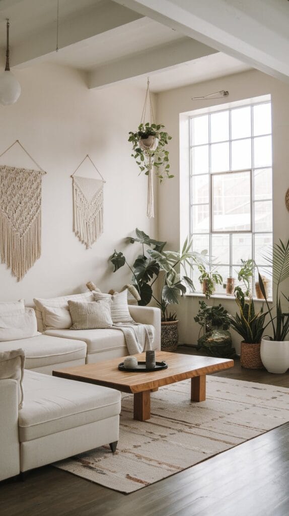 Open layout in a boho living room with minimalist furniture.