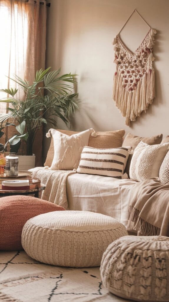 Cozy floor seating with poufs and cushions in a boho living room.