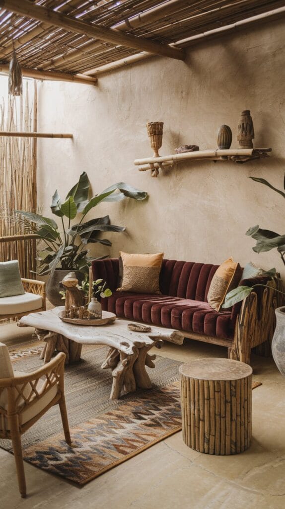 Driftwood and natural materials in a boho living room.