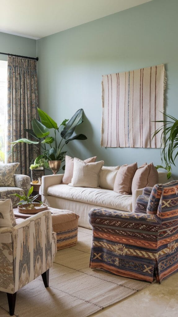 Handwoven and global textiles in a boho living room.