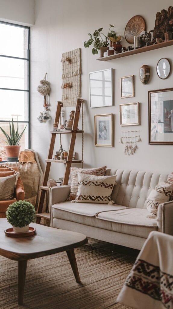 Personal touches in a boho living room with framed photos and souvenirs.