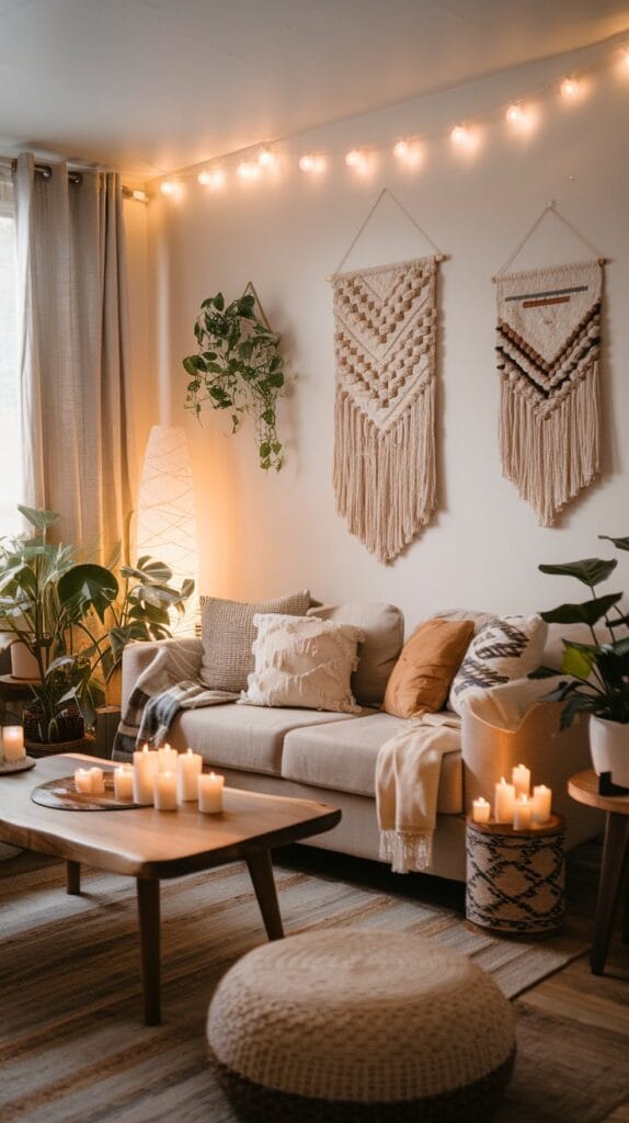 Soft ambient lighting in a boho living room with candles and string lights.