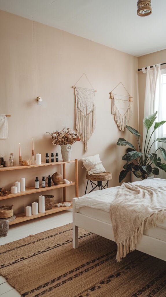 Bedroom with scented candles and essential oils for a calming atmosphere.