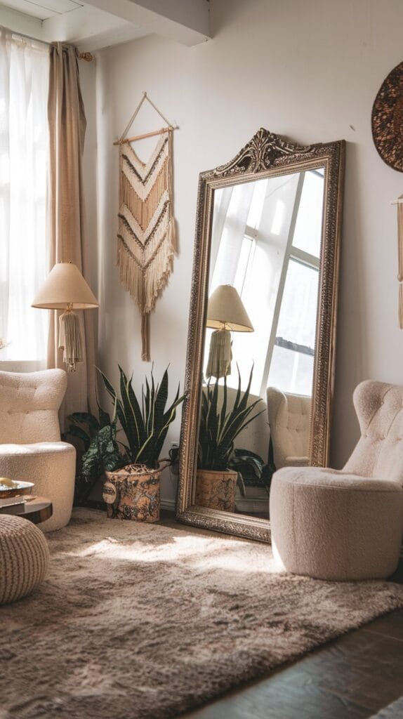 Statement mirror in a boho living room.