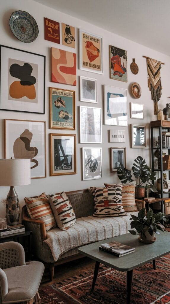 Eclectic wall art in a boho living room.