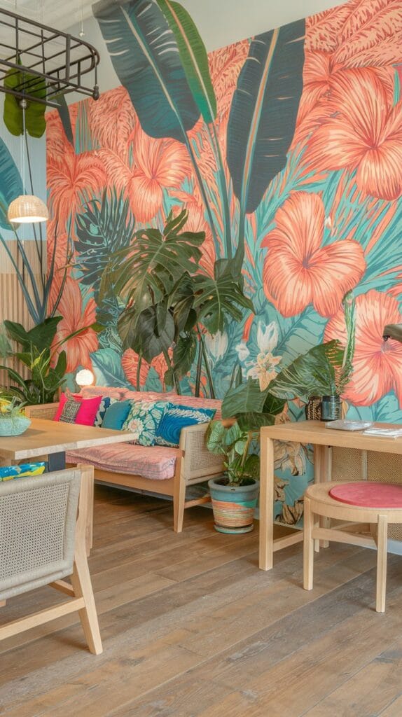 A vibrant living room with tropical plants and floral decor, creating a tropical paradise.