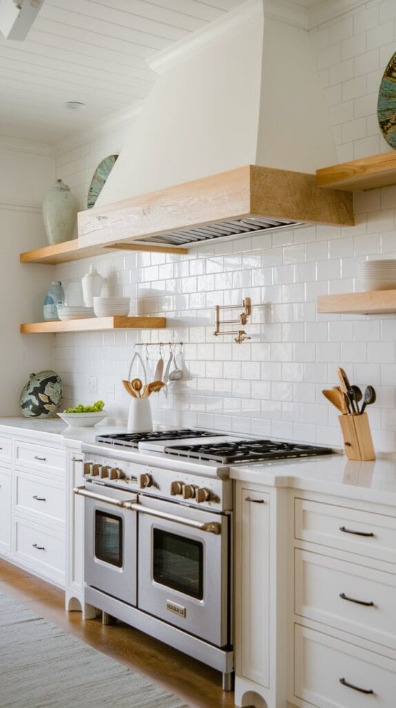 Coastal kitchen with a custom wood-accented range hood and white backsplash.