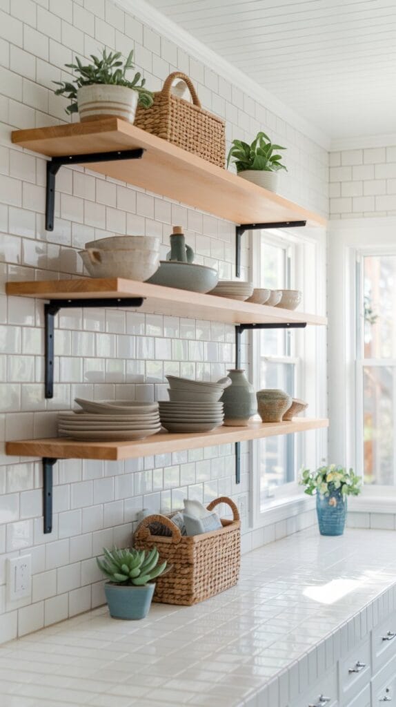 Coastal kitchen with light wood open shelving, white subway tile, and natural decor.