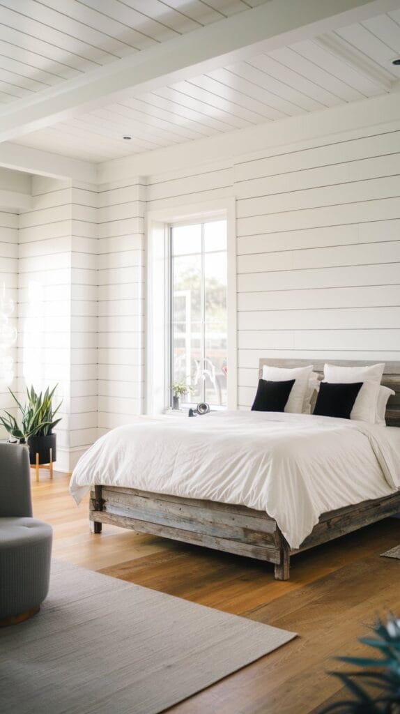 White shiplap walls in a farmhouse bedroom.