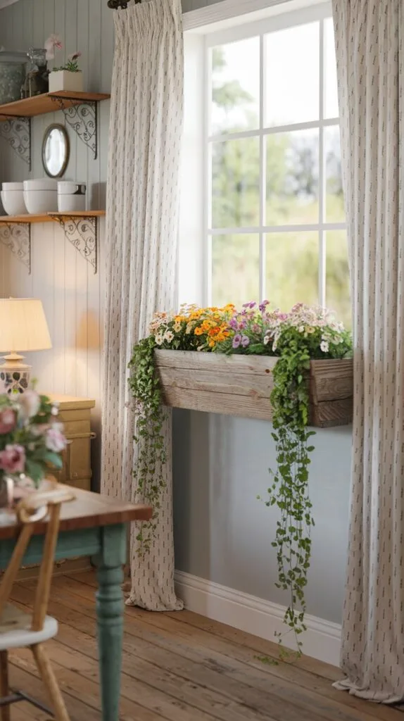  Farmhouse-style window box filled with flowers and vines on a kitchen window.