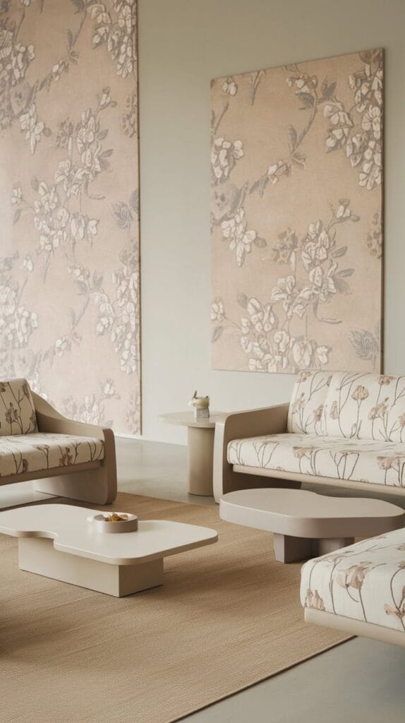 A minimalist room with modern floral patterns in neutral tones and sleek furniture.