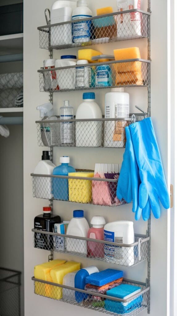 Over-the-door organizers holding cleaning supplies in a closet.