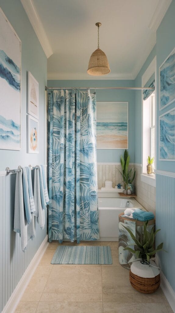 Sea-inspired artwork adorning the walls of a coastal bathroom.