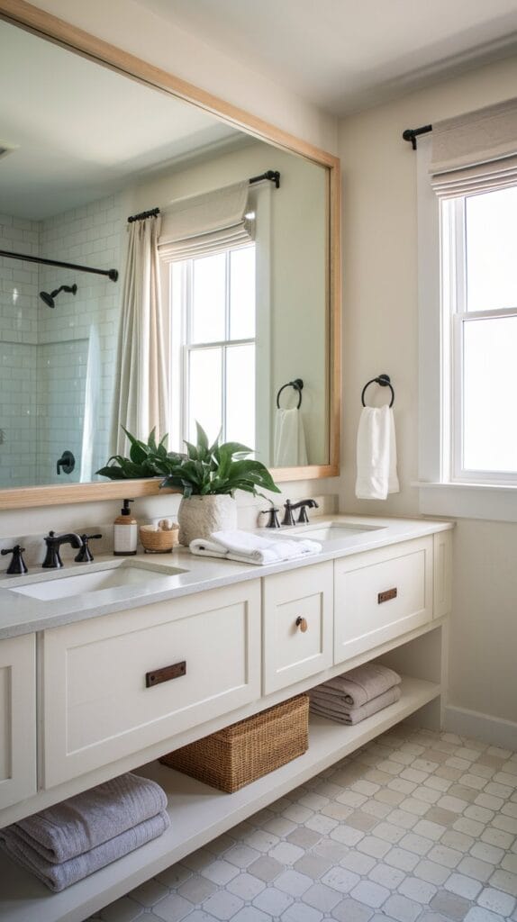 Large mirror with a simple frame reflecting light in a coastal bathroom.