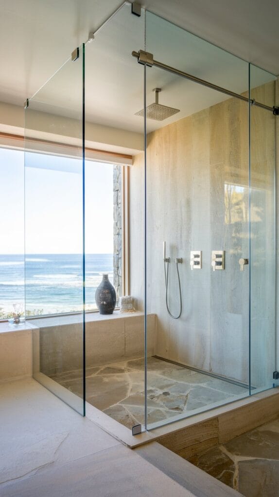 A modern glass shower enclosure with clear glass and sleek fixtures.