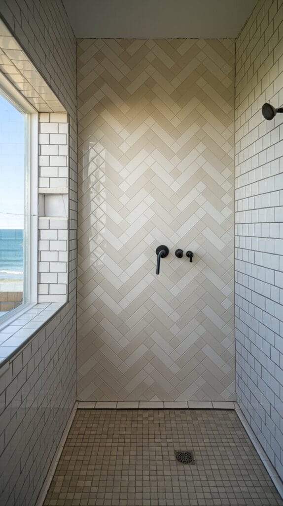 Unique subway tile design in a coastal bathroom with a herringbone pattern.