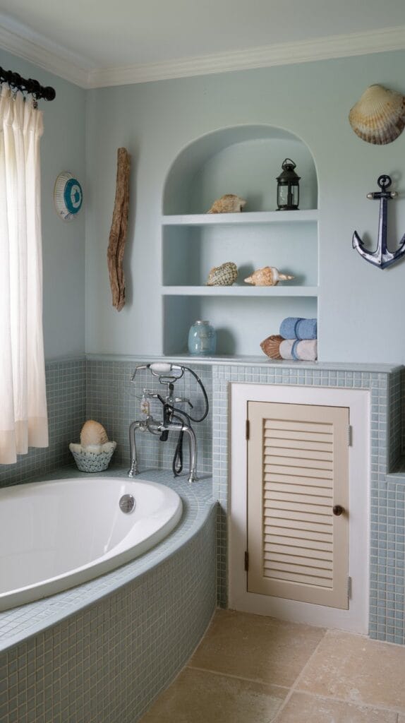 Nautical-inspired decor elements like seashells and driftwood in a coastal bathroom.