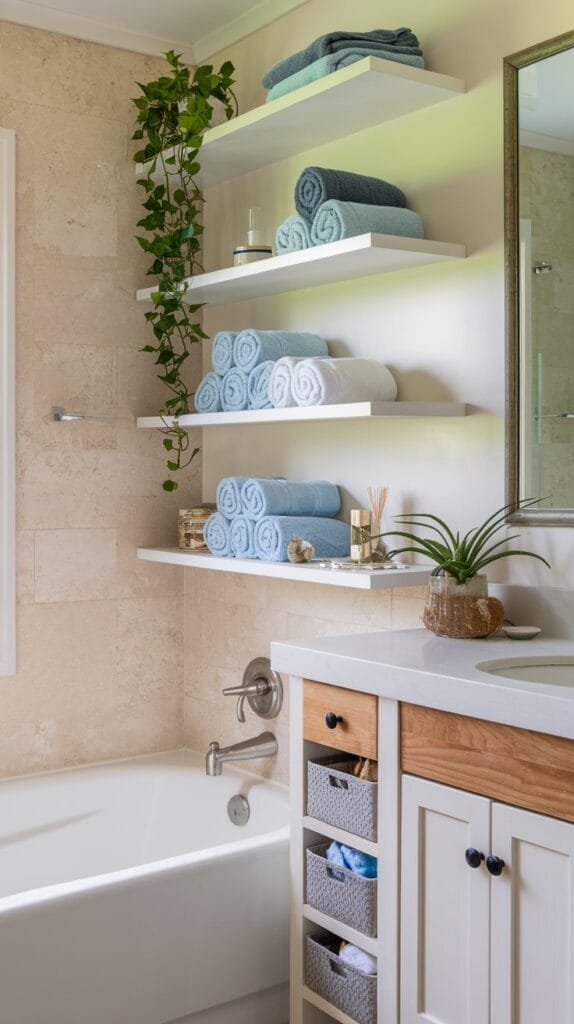 Open shelving displaying fresh towels in a coastal bathroom.