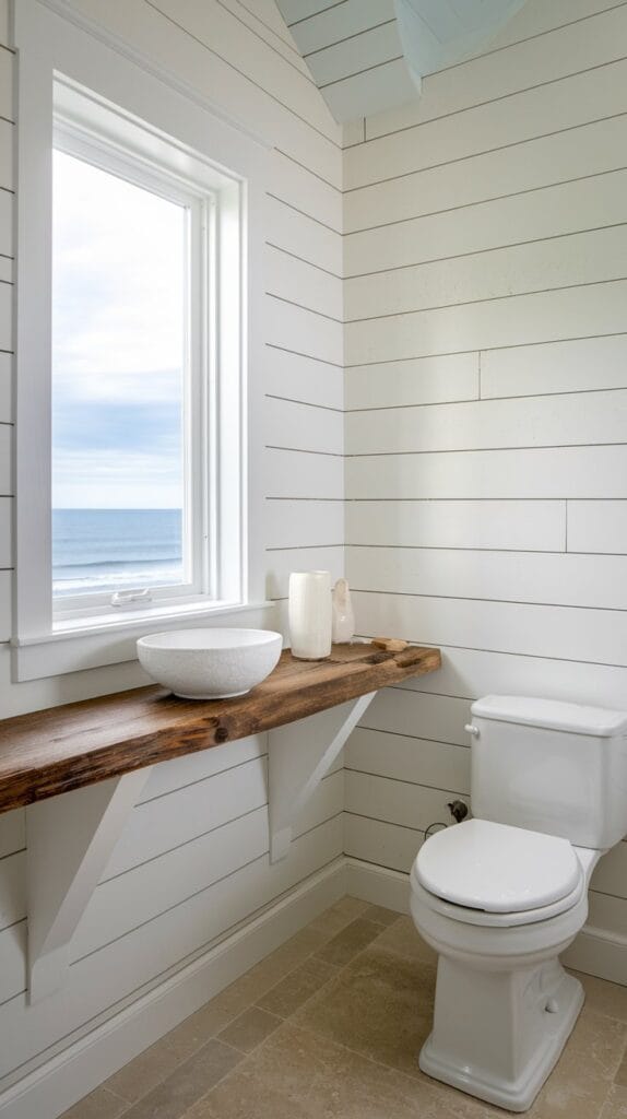 White shiplap walls creating a charming coastal vibe in the bathroom.