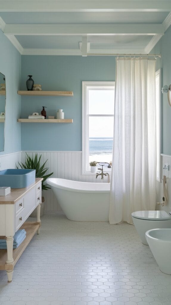 A serene coastal bathroom with a soft blue and white color scheme.