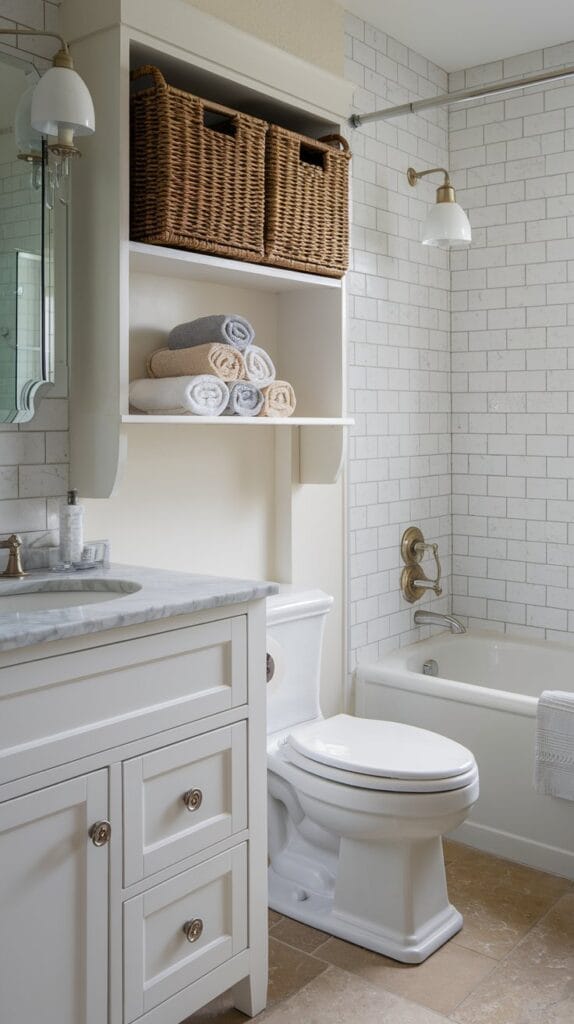 Wicker storage baskets neatly placed on open shelves in a coastal bathroom.