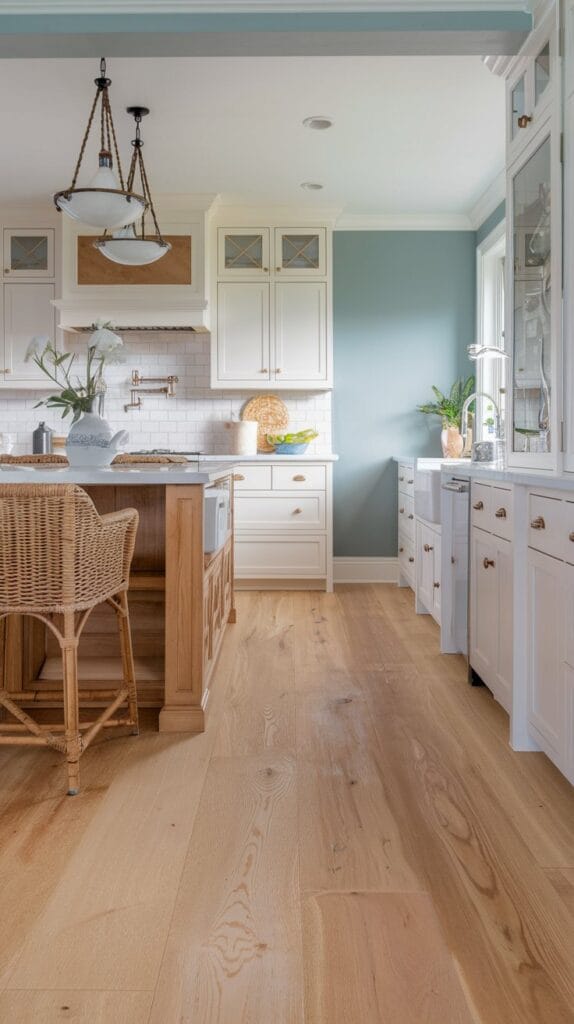Coastal kitchen with soft oak flooring, white cabinetry, and natural wood accents.