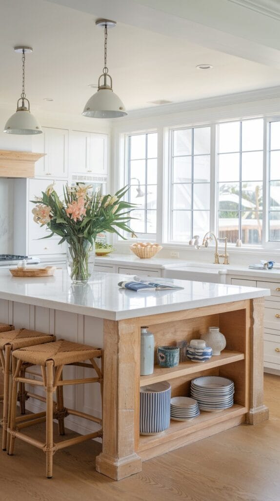 Coastal kitchen with a white and wood island, rattan stools, and bright natural lighting.
