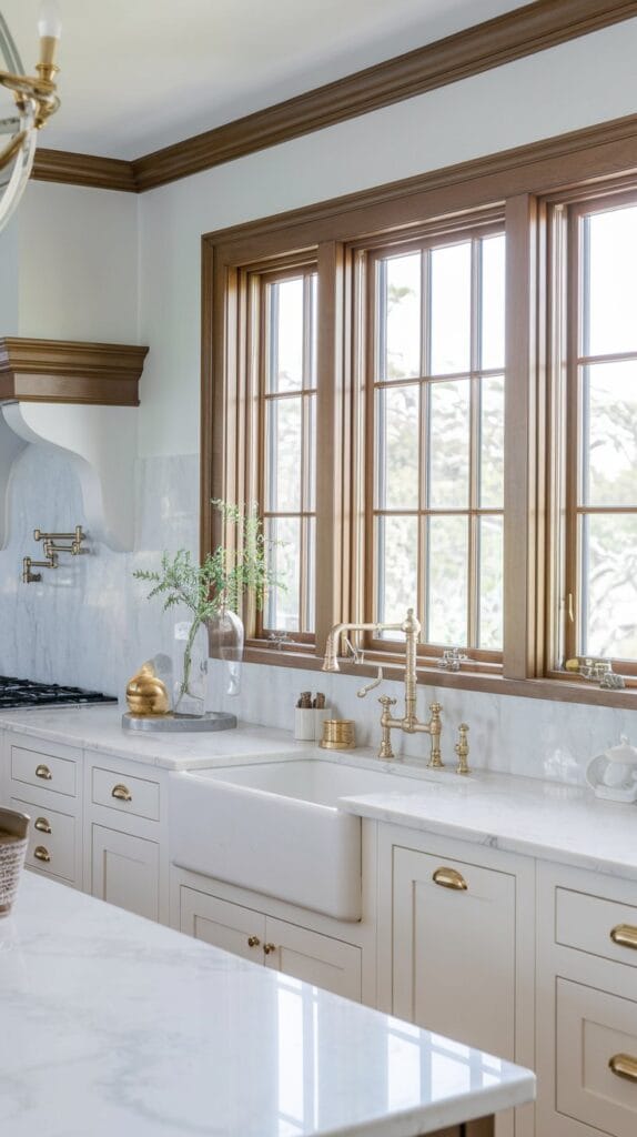Coastal kitchen with subtle wood trim accents on cabinetry and windows.