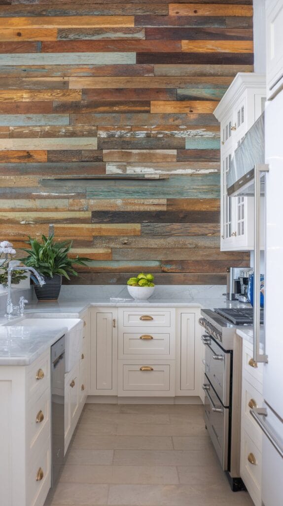 Coastal kitchen with a reclaimed wood statement wall and modern white cabinetry.
