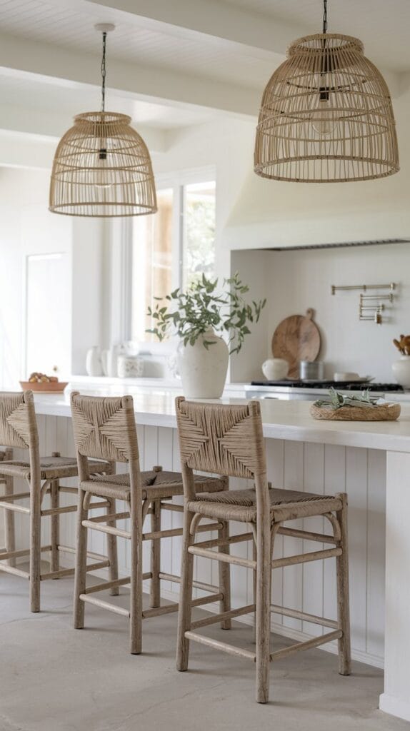 Coastal kitchen with rustic wooden bar stools and a white island.