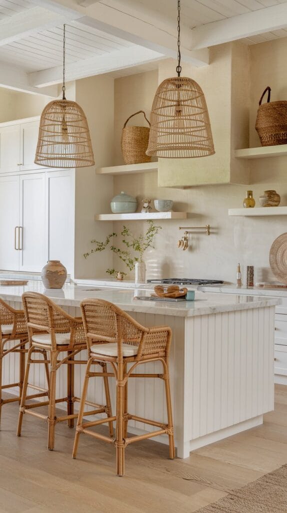 Coastal kitchen with rattan pendant lights, wicker bar stools, and warm wood accents.